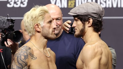 Alexander Volkanovski, left, and Movsar Evloev ahead of their featherweight title fight at UFC 333 at the Etihad Arena in Abu Dhabi. All images Chris Whiteoak / The National