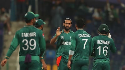 Pakistan players celebrate the dismissal of Namibia's Craig Williams. AP
