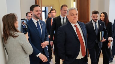 US Vice President JD Vance, left, meets Hungarian Prime Minister Viktor Orban, centre, in Budapest. Getty Images