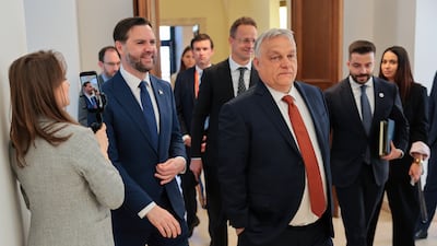 US Vice President JD Vance, left, meets Hungarian Prime Minister Viktor Orban, centre, in Budapest. Getty Images