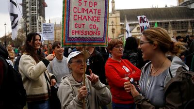 Climate change activists from the Extinction Rebellion protest at the Parliament Square in London, Britain May 1, 2019. Reuters