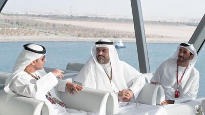 Sheikh Hazza bin Zayed National Security Advisor for the United Arab Emirates and Vice Chairman of the Abu Dhabi Executive Council (L), Sheikh Sultan bin Mohammed Al Qasimi Crown Prince of Sharjah (C), and Sheikh Nahyan Bin Zayed Chairman of the Board of Trustees of Zayed bin Sultan Al Nahyan Charitable and Humanitarian Foundation (R), attend the final race of the Formula 1 Etihad Airways Abu Dhabi Grand Prix at Yas Marina Circuit. Mohamed Al Hammadi / Crown Prince Court - Abu Dhabi