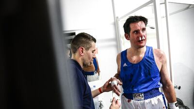 Adrian Dennis, United Kingdom, Agence France-Prese: A trainer unwraps Tom Rowley’s hands in the dressing room after he lost his boxing match. This image was a finalist candidate in the photography category of the inaugural Sport Media Pearl Awards, which is managed by the International Sports Press Association (AIPS) and hosted by Abu Dhabi Media, publishers of The National.