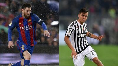 This combination of pictures created on April 10, 2017 shows Barcelona's Argentina forward Lionel Messi, left, and Juventus' forward from Argentina Paulo Dybala. Josep Lago, Alberto Pizzoli / AFP