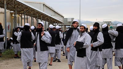 Taliban prisoners get ready to be released from Bagram prison, next to a US military base. AFP via National Security Council