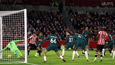 Liverpool defender Ibrahima Konate scores an own goal. AP
