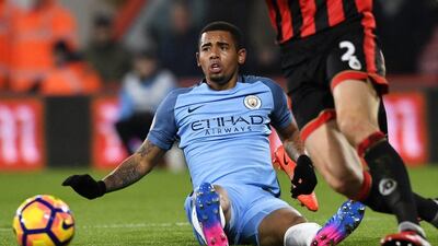Gabriel Jesus of Manchester City reacts after being pulled back attempting to break through the Bournemouth defence during the Premier League match at Vitality Stadium on February 13, 2017 in Bournemouth, England. Stu Forster / Getty Images