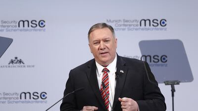 Mike Pompeo, US secretary of state, speaks during the Munich Security Conference at the Bayerischer Hof hotel in Munich, German. Bloomberg