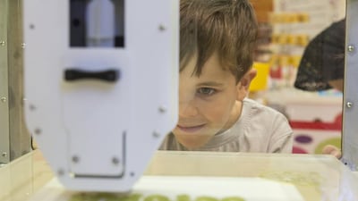 At last, to the delight of Joshua Ahlers, a truly worthwhile use has been found for 3-D printing – making sweets. Joshua, 6, on Monday watched closely as a new 3-D printer went to work in the Candylicious shop in Dubai Mall. Antonie Robertson / The National
