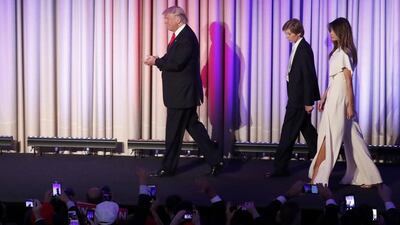 Donald Trump is followed by members of his family as he arrives to address supporters at his election night rally in Manhattan, New York. Andrew Kelly / Reuters