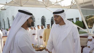 Sheikh Mohammed bin Zayed, Crown Prince of Abu Dhabi Deputy Supreme Commander of the Armed Forces, receives a serviceman injured in Yemen, during a Sea Palace barza. Mohamed Al Hammadi / Crown Prince Court - Abu Dhabi
