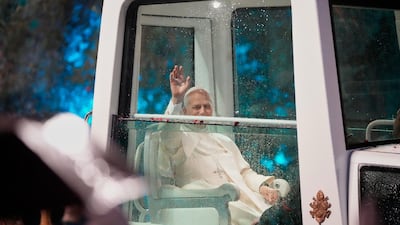 Pope Leo arrives for a welcoming ceremony at the Presidential Palace in Baabda, east of Beirut. AP