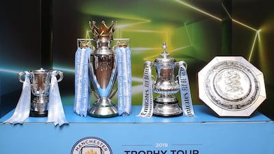 The Carabao Cup, Premier League, FA Cup and Community Sheild trophies won by Manchester City's men's team in 2018/19. Courtesy photo