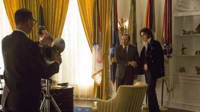 Michael Shannon as Elvis Presley, right, and Kevin Spacey as Richard Nixon in Elvis & Nixon. Steve Dietl / Bleecker Street via AP Photo