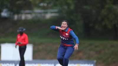 Sita Rana Magar does her 'Pushpa' celebration after taking one of her two wickets for Nepal in the ACC Women's T20 Championship semi-final in Kuala Lumpur.