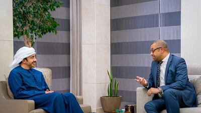 Sheikh Abdullah bin Zayed, Minister of Foreign Affairs and International Co-operation, and James Cleverly, UK Minister for the Middle East and North Africa, during their meeting in Abu Dhabi. Wam