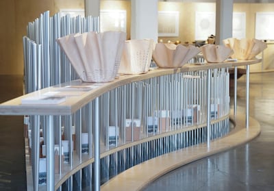 Leather and talli fruit bowls by Adrian Salvador Candela and Shaikha Bin Dhaher being displayed at London Design Festival. Courtesy Irthi Contemporary Crafts Council