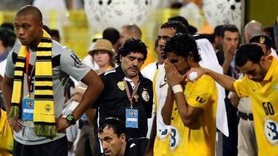 Diego Maradona shows his disappointment after Wasl lost the penalty shoot-out 5-4. Mike Young / The National