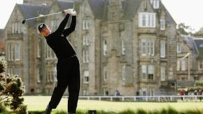 Ernie Els tees off on the Old Course at St Andrews, venue of the 2010 Open Championship.