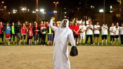 Sheikh Nahyan bin Mubarak threw the ceremonial pitch to start the final match of the inaugural Abu Dhabi Softball League Championship between Falcons and Desert Dhabis. The Dhabis won 18-3. Christopher Pike / The National