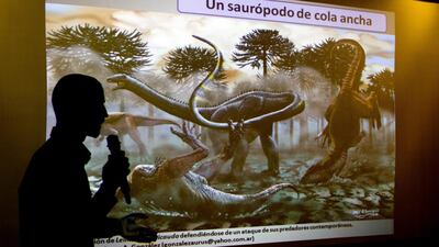 Paleontologist Pablo Gallina speaks about a newly discovered dinosaur discovered in Argentina in Buenos Aires, Argentinat. Natacha Pisarenko / AP Photo