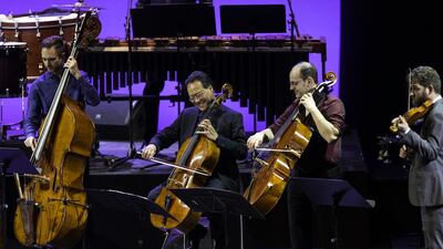 Chinese-American cellist Yo-Yo Ma, second from left, performs with the Silk Road Ensemble. Christopher Pike / The National