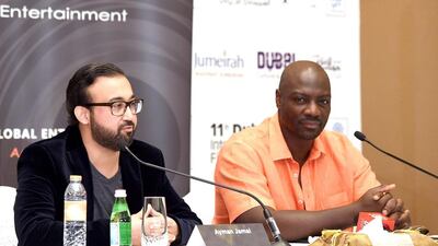 Left, Ayman Jamal, the screenwriter and founder and managing partner of Barajoun, and the actor Adewale Akinnuoye-Agbaje at a press conference in Dubai earlier today. Andrew H Walker / Getty Images for DIFF