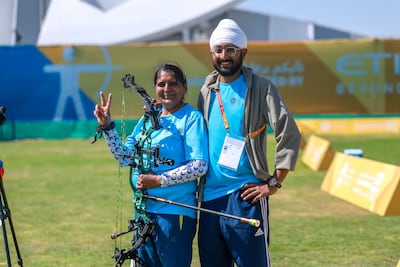 Jai Singh with mother Sarvjeet Kaur at the Open Masters Games Abu Dhabi. Victor Besa / The National
