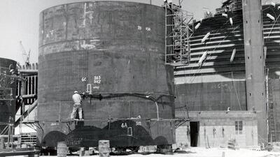 Oil sustained the development of the UAE. And this, a petroleum tank being built in Dubai Creek in 1970, was a familiar sight. Getty Images
