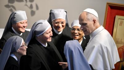 Pope Leo in conversation with nuns during his visit to the Little Sisters of the Poor nursing home in Istanbul. EPA