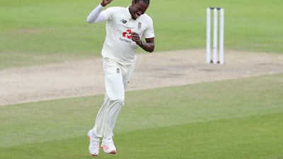 England's Jofra Archer celebrates the wicket of West Indies' John Campbell. Reuters