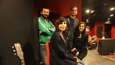 From right, Luma Adnani, Ibrahim Taha, Lina Adnani and Lutfi Zayed in the studio where they are recording their for songs Arabic their entertainment and educational cartoon Adam Wa Mishmimish in Amman, Jordan, on March 13, 2017. Salah Malkawi for The National