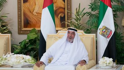 Sheikh Khalifa bin Zayed Al Nahyan, President of the UAE and Ruler of Abu Dhabi, hosts a reception for UAE Rulers at the President's Palace in Al Bateen. Ministry of Presidential Affairs