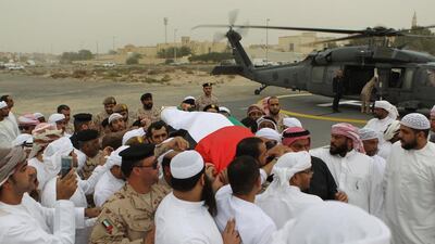 Worshippers perform the funeral prayer on Feburary 17, 2017, for Nader Mubarak Eisa Soliman, who died in Yemen as part of Operation Restoring Hope. Wam