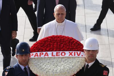 Pope Leo XIV lays a wreath at the Ataturk Mausoleum in Ankara. Getty Images