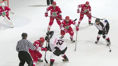 Abu Dhabi Storms, white, and Team Lebanon, red, compete in the final of the Arab Clubs Championship. Reem Mohammed / The National