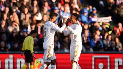 Raphael Varane and Eder Militao celebrate Real Madrid's second goal on Saturday. Getty Images