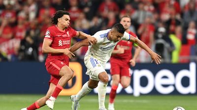 Trent Alexander-Arnold of Liverpool battles for possession with Casemiro of Real Madrid during the 2022 Champions League final. Getty