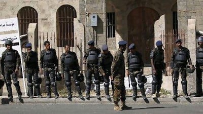 Riot police were posted outside the parliament building in Sana'a this week to prevent opposition protests.