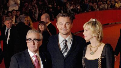 Martin Scorsese, Leonardo DiCaprio, in a striped tie, and Vera Farmiga attend the premiere of 'The Departed' at the Rome Film Festival on October 15, 2006 in Rome, Italy. Getty Images