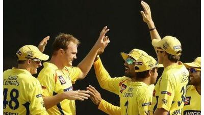Doug Bollinger, the Chennai fast bowler, second from left, was the destroyer-in-chief against Pune yesterday.