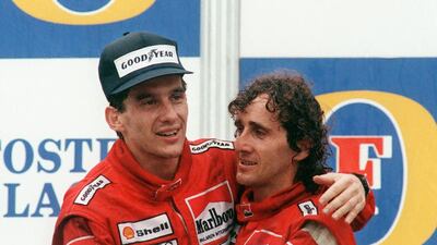 Ayrton Senna after winning the Adelaide Australian Grand Prix on November 18, 1988, with Alain Prost on the podium.