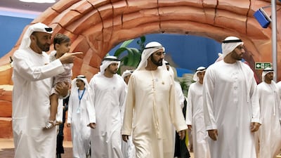 Sheikh Mohammed bin Rashid, Sheikh Mohammed bin Zayed and Mohammed Al Mubarak attend the opening of Warner Bros. World Abu Dhabi. Seen with Sheikh Hamdan bin Mohammed. Hamad Al Kaabi / Crown Prince Court - Abu Dhabi