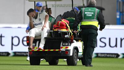 India keeper Rishabh Pant leaves the field on a medical cart after taking a blow to the foot during day one of the fourth Test against England in Manchester. Getty Images