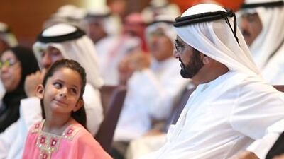 Sheikh Mohammed bin Rashid accompanied by his youngest daughter, Sheikha Al Jalila, at the official launch of the Al Jalila Foundation. Photo courtesy of Wam