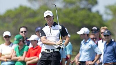 Rory McIlroy watches his shot on the fourth green during the third round at Kiawah Island