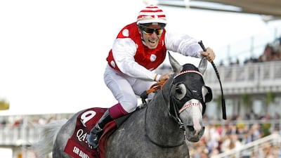 Jean-Bernard Eyquem reacts after piloting Sir Bani Yas to the win in the Qatar International Stakes at Goodwood. Steven Cargill / Racingfotos.com