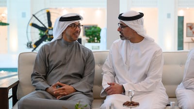 Sheikh Mansour bin Zayed, Vice President, Deputy Prime Minister and Minister of the Presidential Court, and Sheikh Khaled bin Mohamed, Crown Prince of Abu Dhabi and chairman of Abu Dhabi Executive Council, attend the meeting