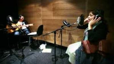 Kaleena Briggs, right, and Nardi Simpson record a track for their new album at the Gadigal studios in Sydney.