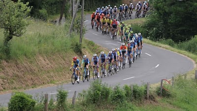 The pack competes in the 167km fifth stage of the Criterium du Dauphine cycling race, from Amplepuis to Saint-Priest in central France. AFP